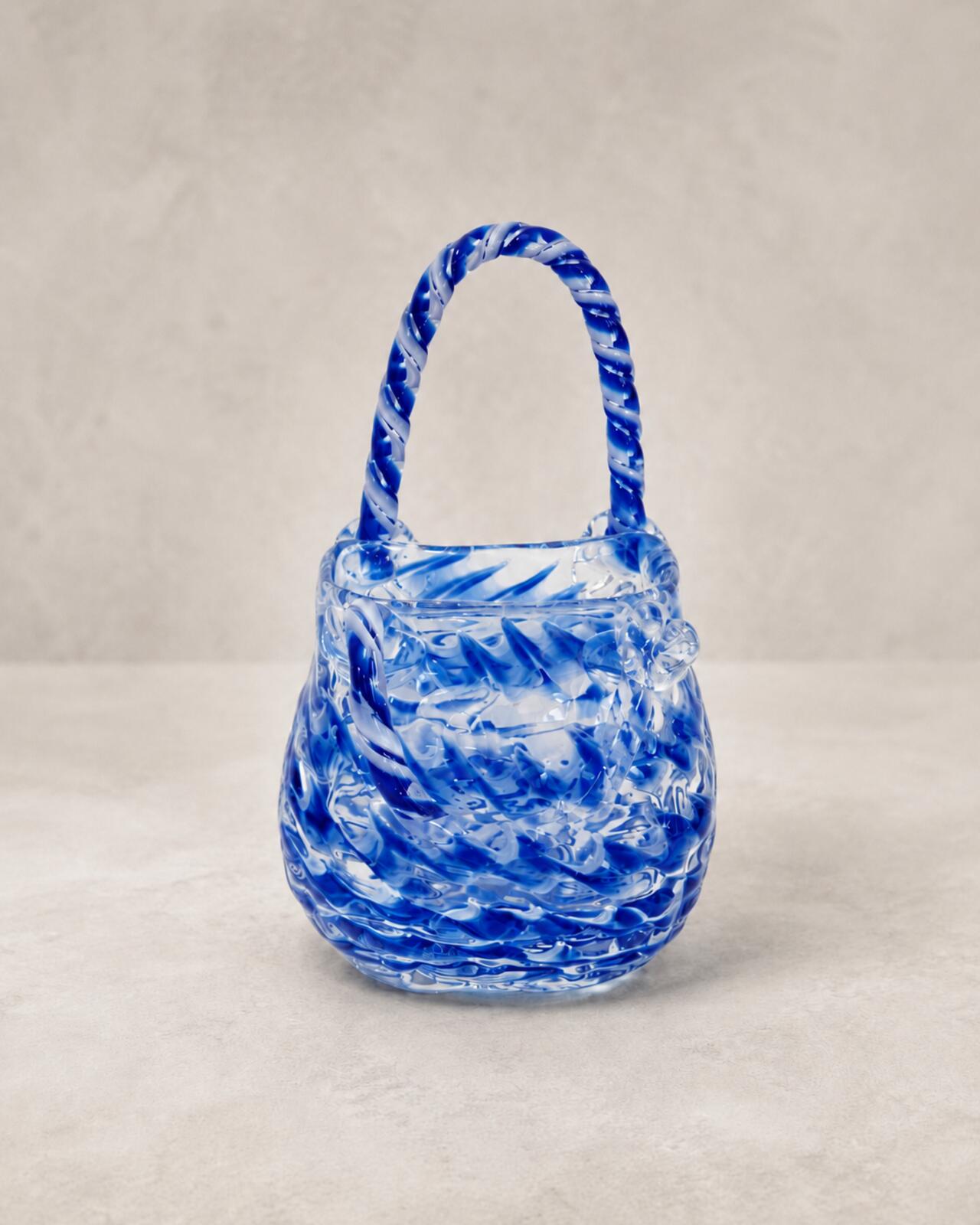 Vintage Murano Style Blue White Swirl Glass Purse Vase Handbag 9" Perfect