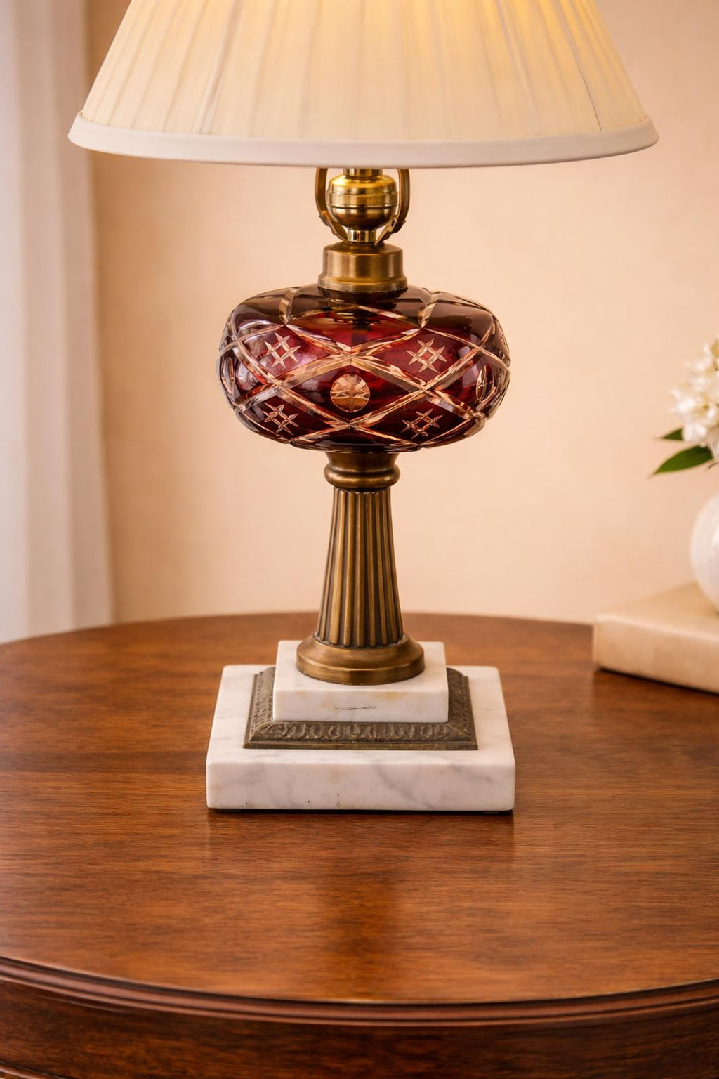 Ruby Overlay Cut-to-Clear Lamp Marble Base Vintage Fount-Style 23.5” Cream Shade