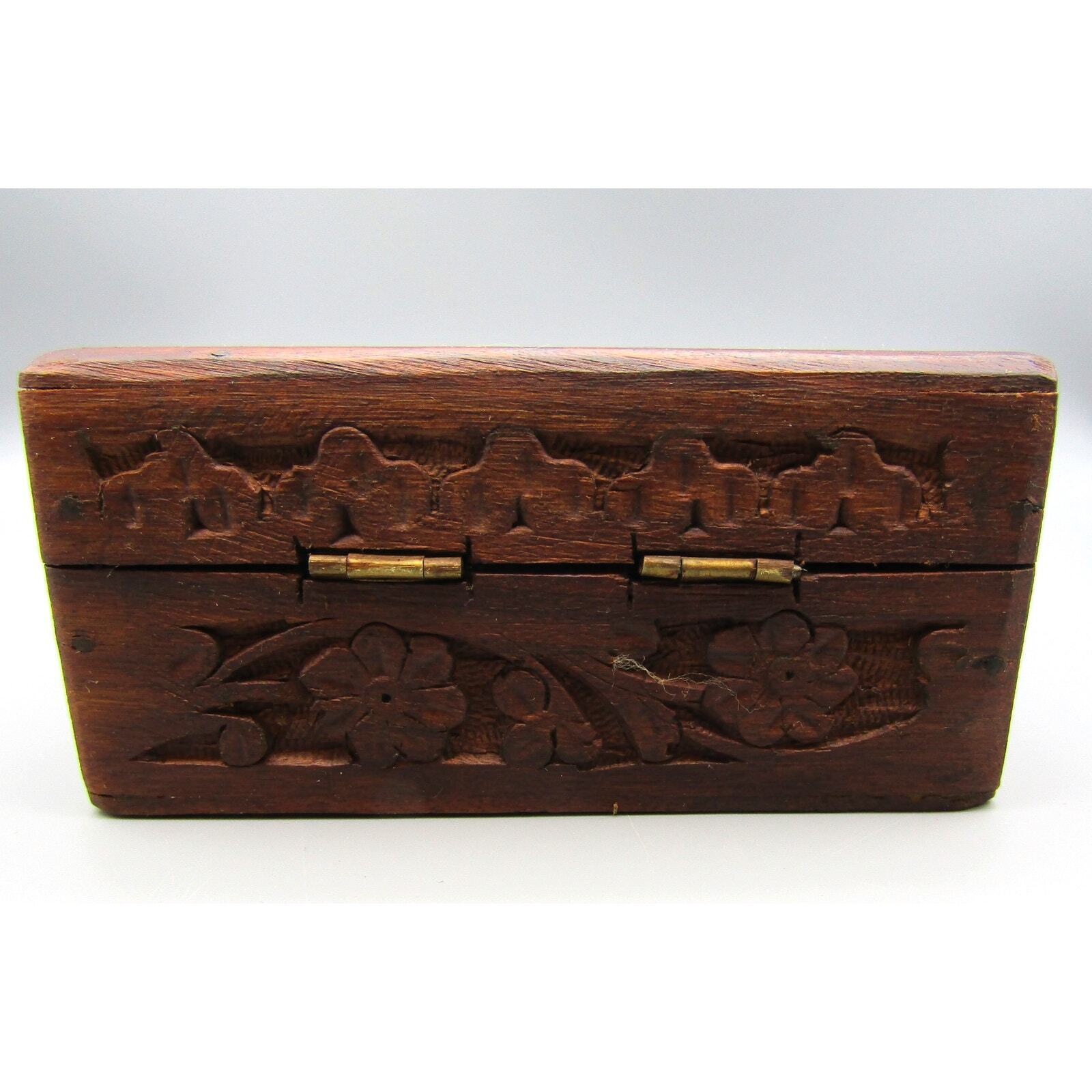 Carved Wood Box with Floral Decoration on Top and Sides Trinket Box
