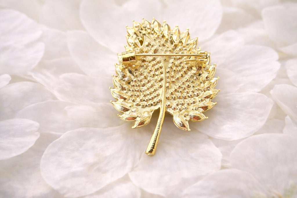Emerald Green Clear Rhinestone Leaf Brooch Gold Tone, Sparkly FREE SHIPPING