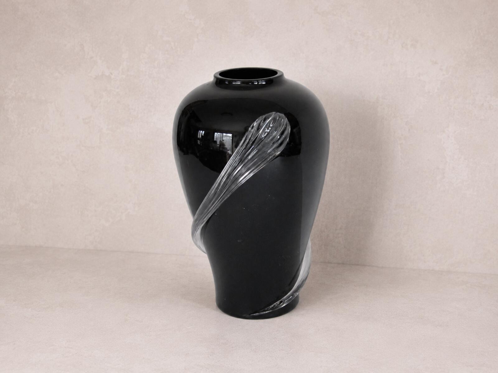1930s Art Deco Black Amethyst Glass Handled Urn Vase Clear Applied Handles 8"