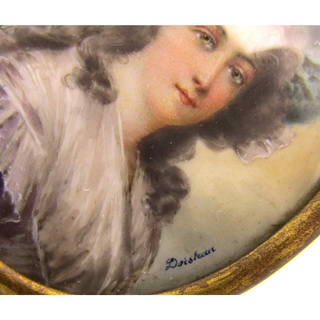Miniature Portrait of a Woman Hand Painted on Bone Signed Doisteau