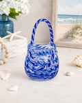 Vintage Murano Style Blue White Swirl Glass Purse Vase Handbag 9" Perfect
