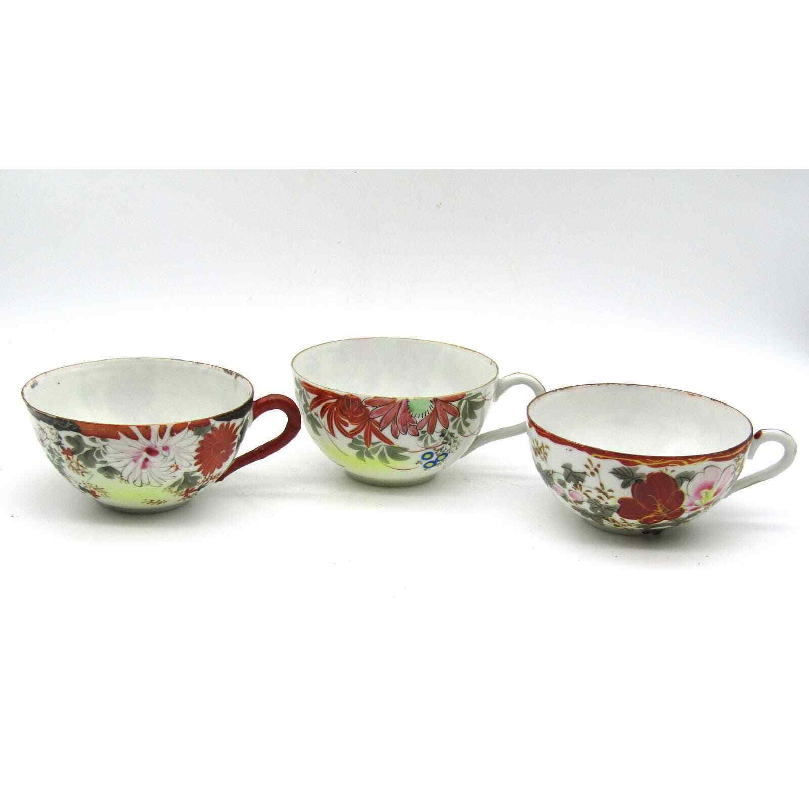 Set of 3 Japanese Cups Eggshell Porcelain Hand Painted Floral and Bird Antique