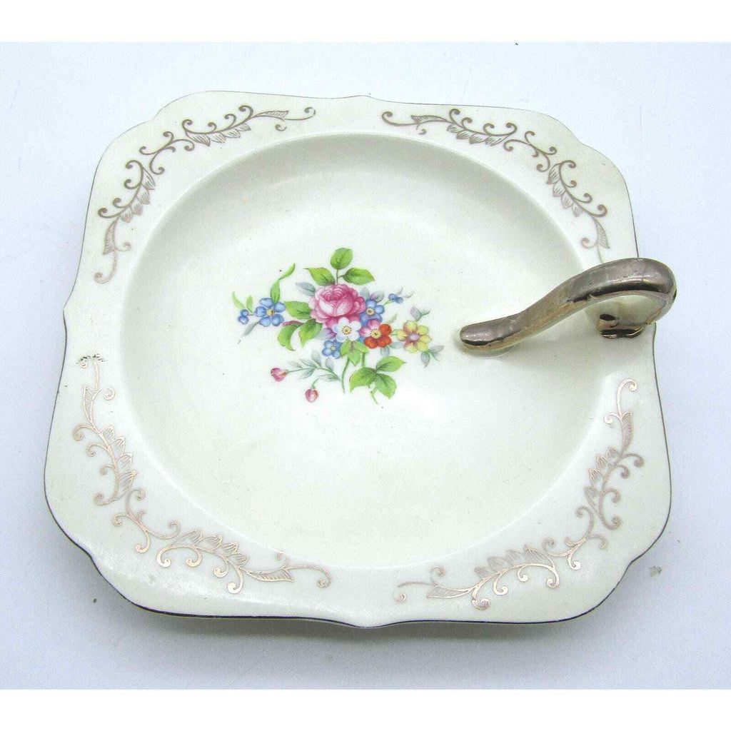 Hotta Yu Shoten Co Candy Dish W/ Handle Floral Hand painted Silver Accents 1920s