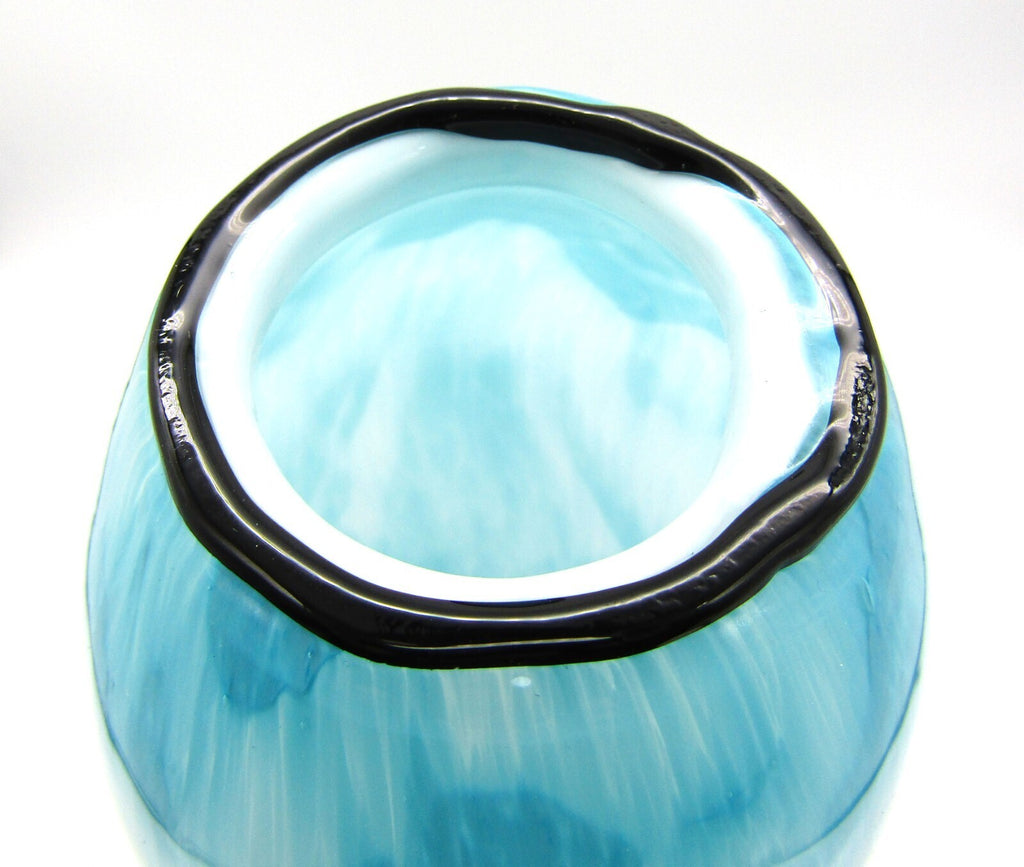 Pretty Pale Blue and White Vase Tall with Black Rim Art Glass Vase 12" Tall