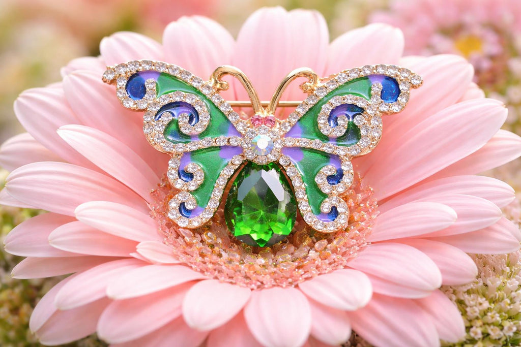 Vintage Butterfly Brooch Rhinestone Enamel Green Gold Tone Pin
