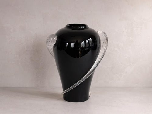 1930s Art Deco Black Amethyst Glass Handled Urn Vase Clear Applied Handles 8"