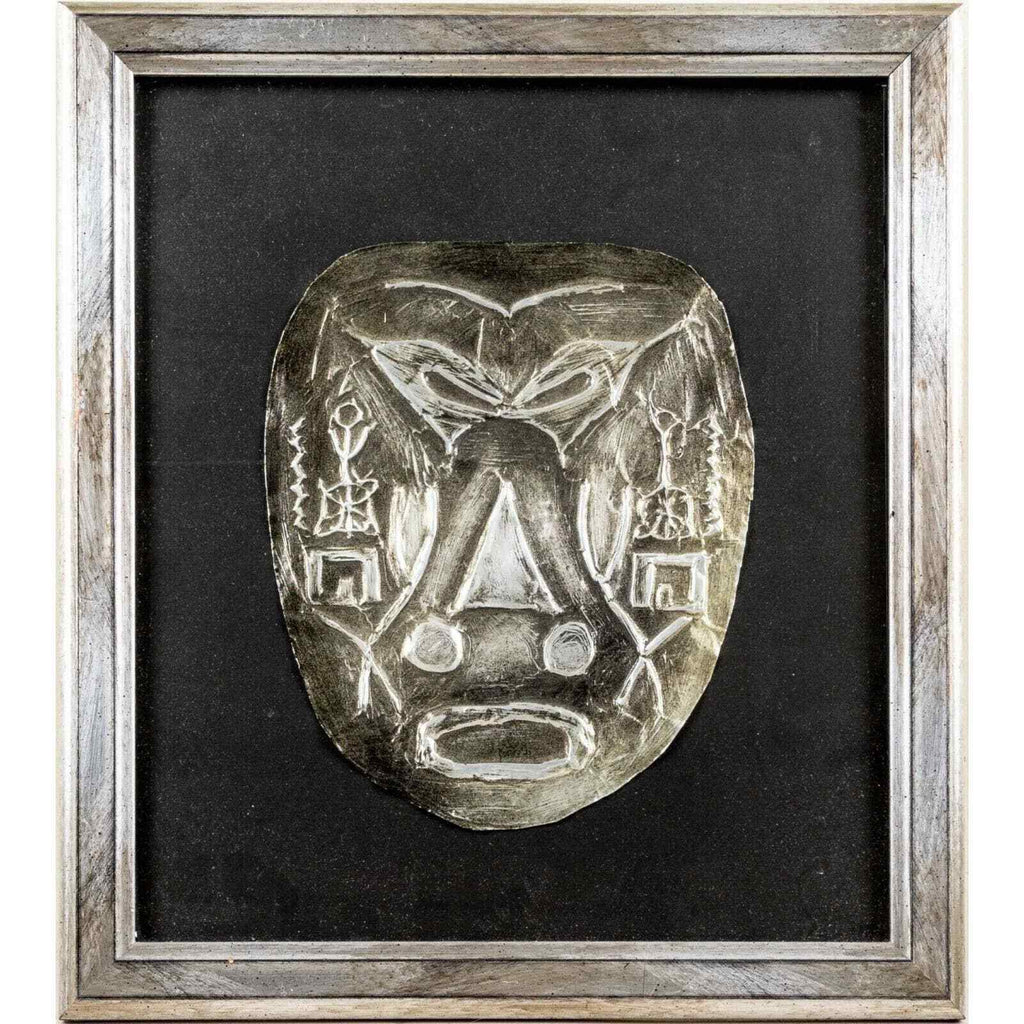 Metal Mask Art with Tribal Symbols Framed Under Glass