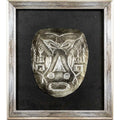 Metal Mask Art with Tribal Symbols Framed Under Glass