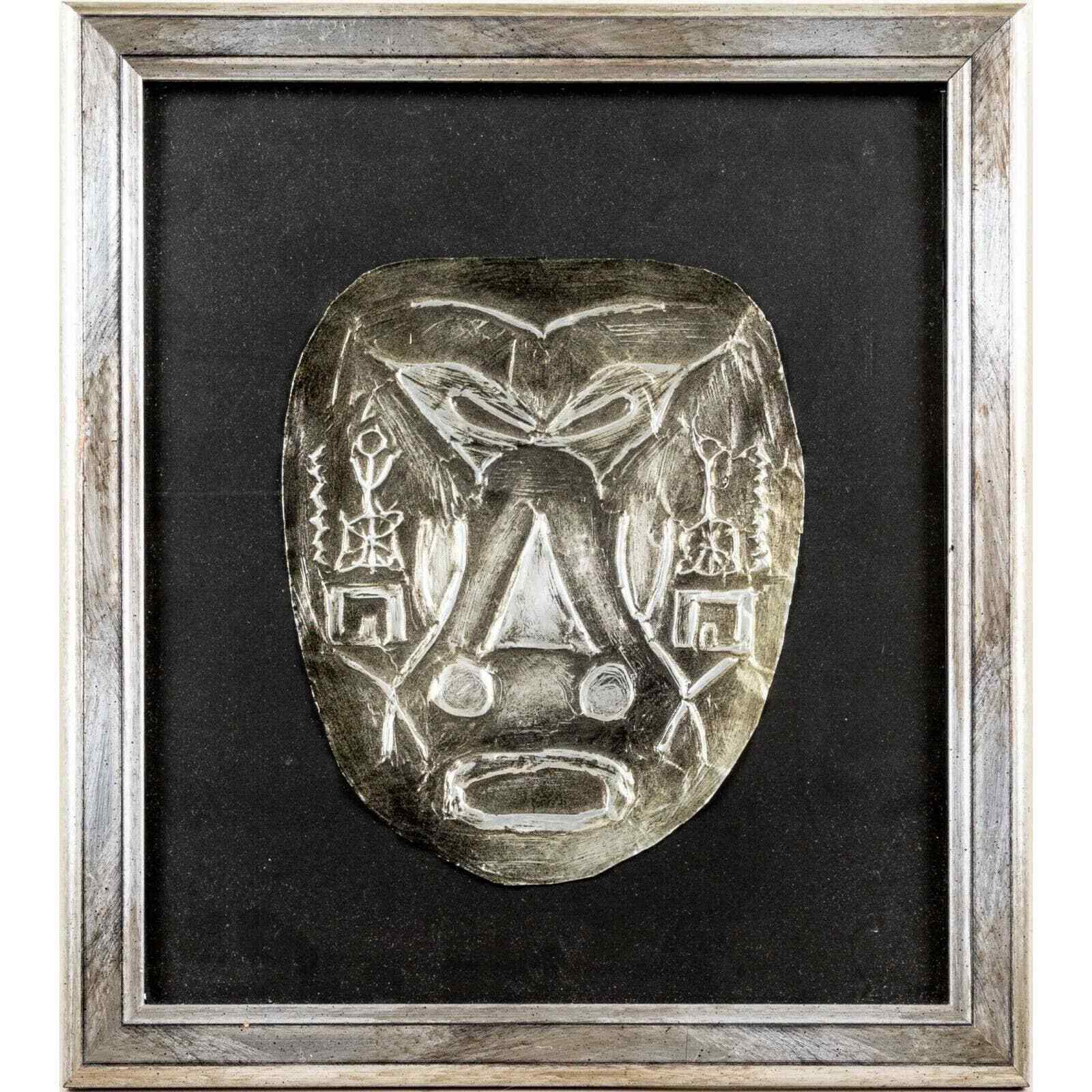 Metal Mask Art with Tribal Symbols Framed Under Glass