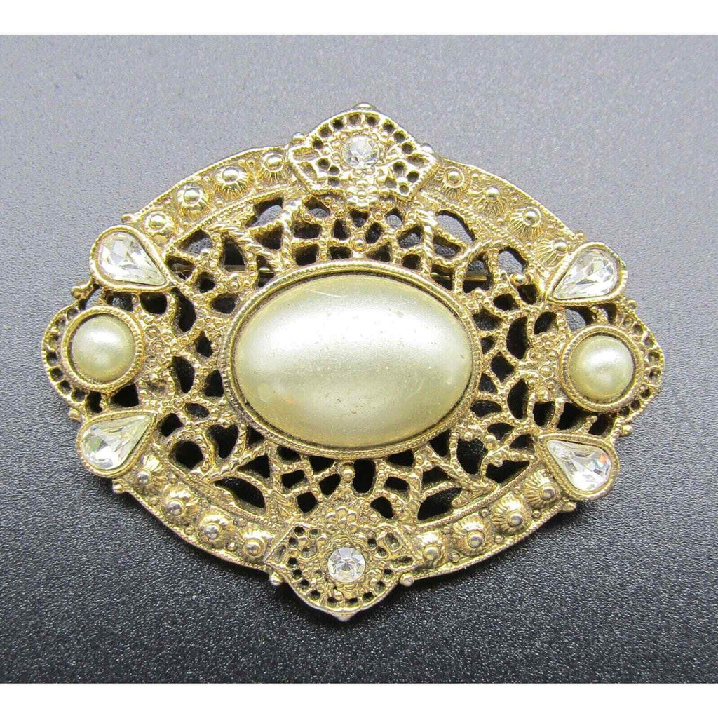 1928 Art Nouveau Ornate Gold Tone & Faux Pearl and Rhinestone Filigree Brooch