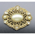 1928 Art Nouveau Ornate Gold Tone & Faux Pearl and Rhinestone Filigree Brooch