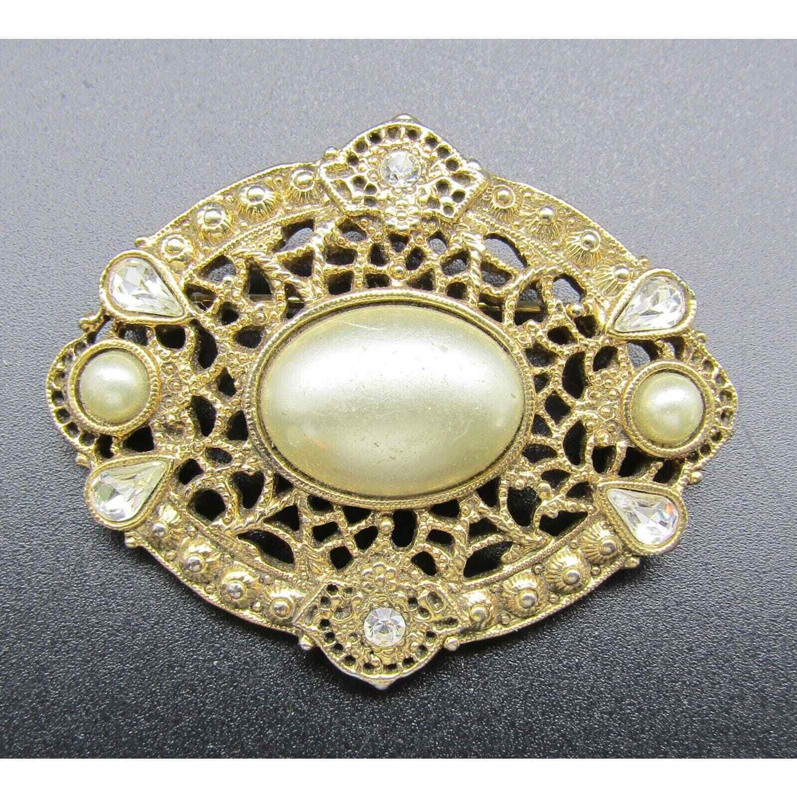 1928 Art Nouveau Ornate Gold Tone & Faux Pearl and Rhinestone Filigree Brooch