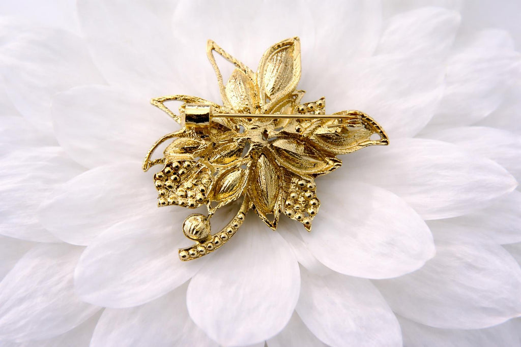 Blue Rhinestone Flower Brooch Gold Tone w/ Clear Rhinestone Accent Pin FREE SHIP