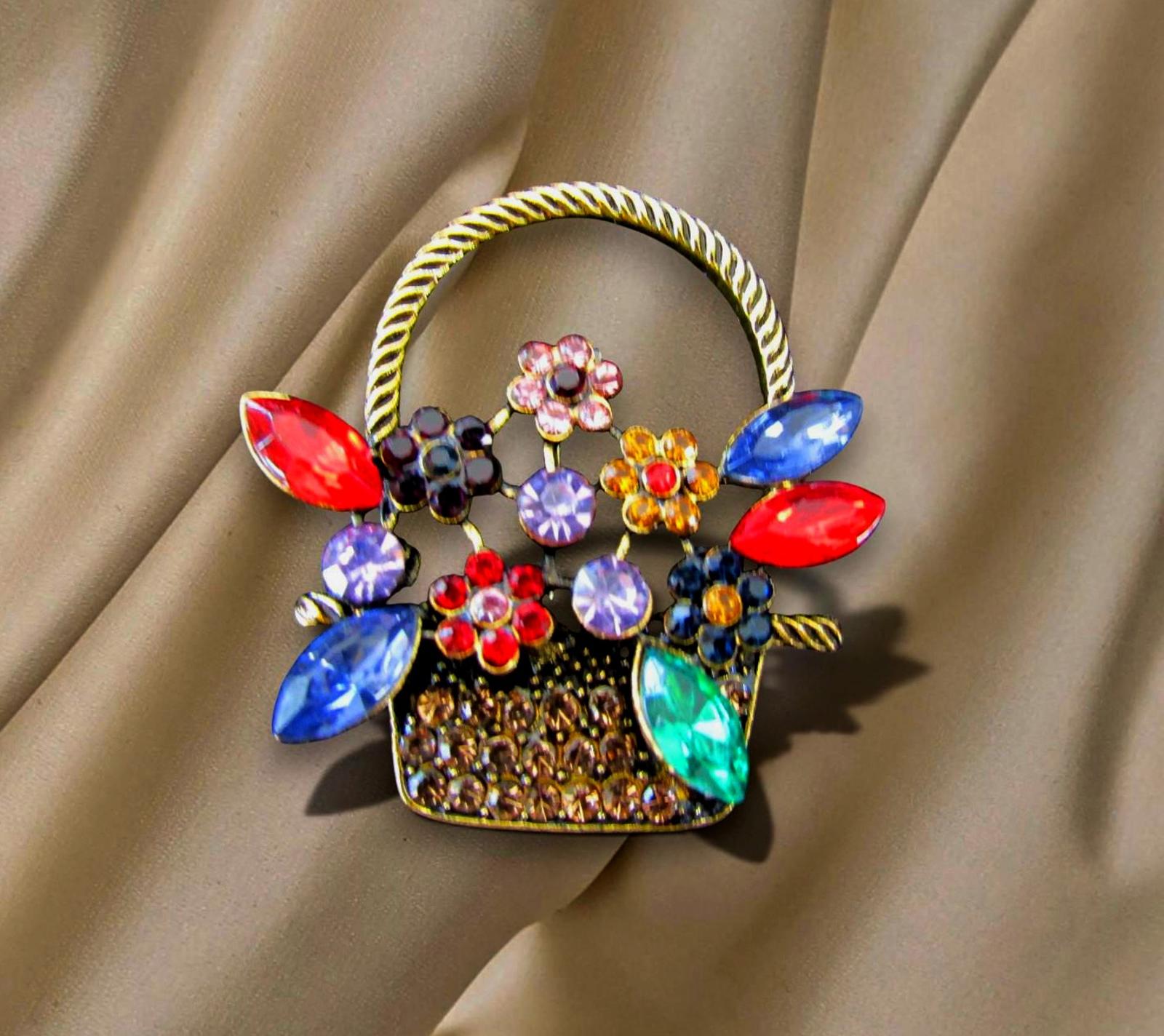 Vintage-Style Multicolor Rhinestone Flower Basket Brooch
