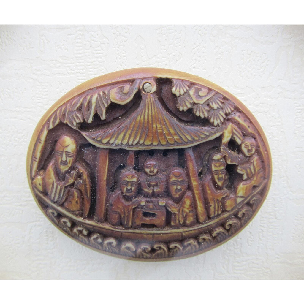 Chinese Pendant in Wood Framed 6 Men Drinking Tea Eating Wonderful Carving