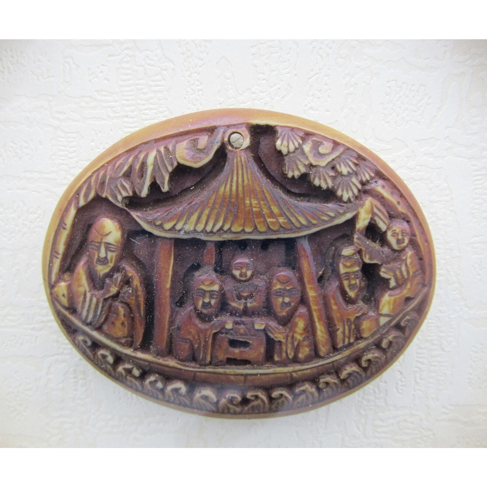 Chinese Pendant in Wood Framed 6 Men Drinking Tea Eating Wonderful Carving