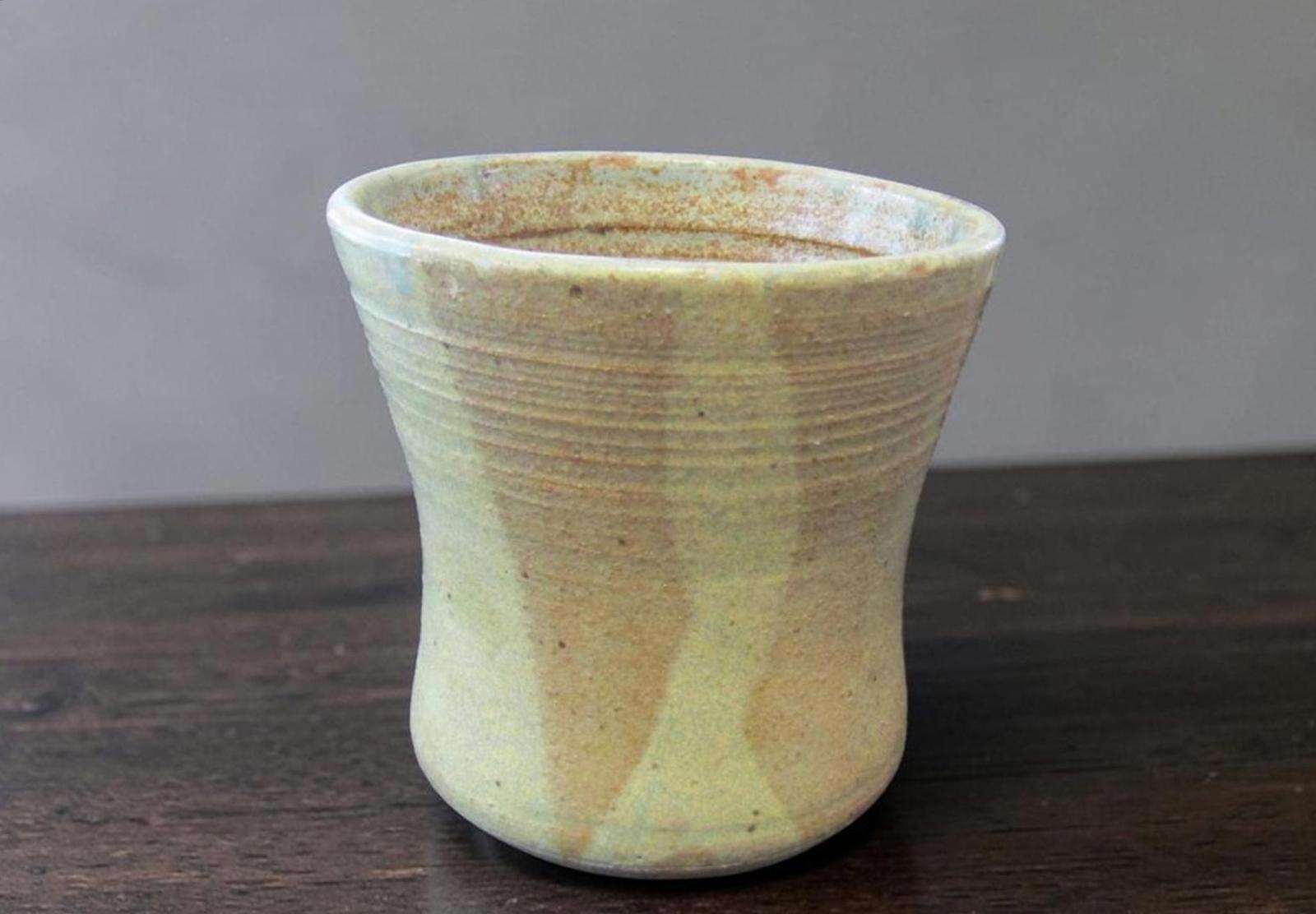 Handmade Studio Art Pottery Planter Rustic Sage Green Tan Signed 4 7/8" Wide