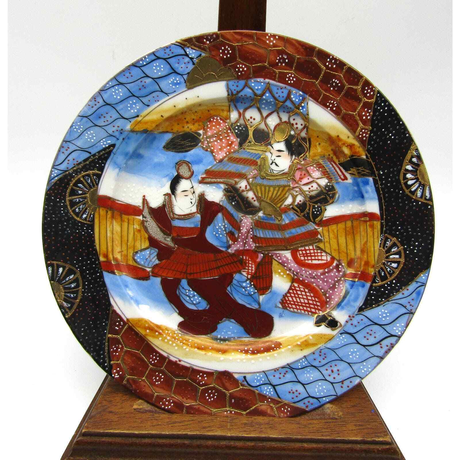 Satsuma Moriage Dessert Plates Samurai Hand Painted Raised Design Marked (4)