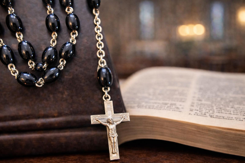Vintage Rosary with Onyx or Hematite beads and the Virgin Mary 42"