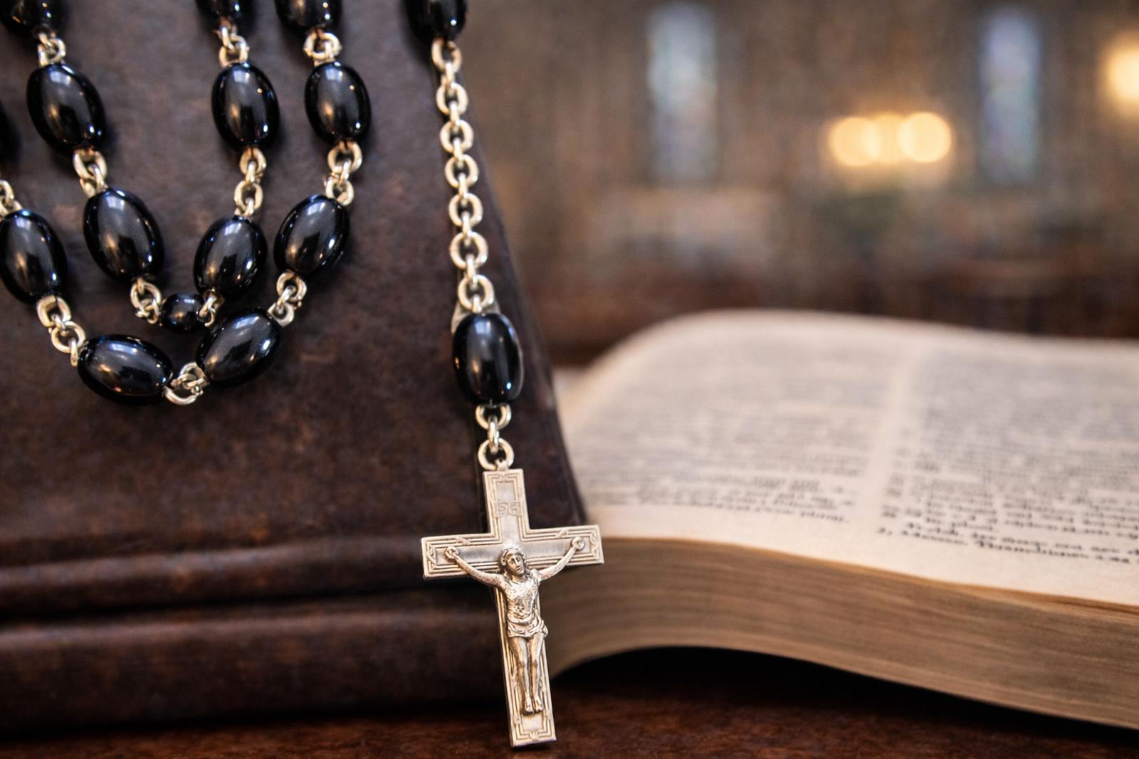Vintage Rosary with Onyx or Hematite beads and the Virgin Mary 42"