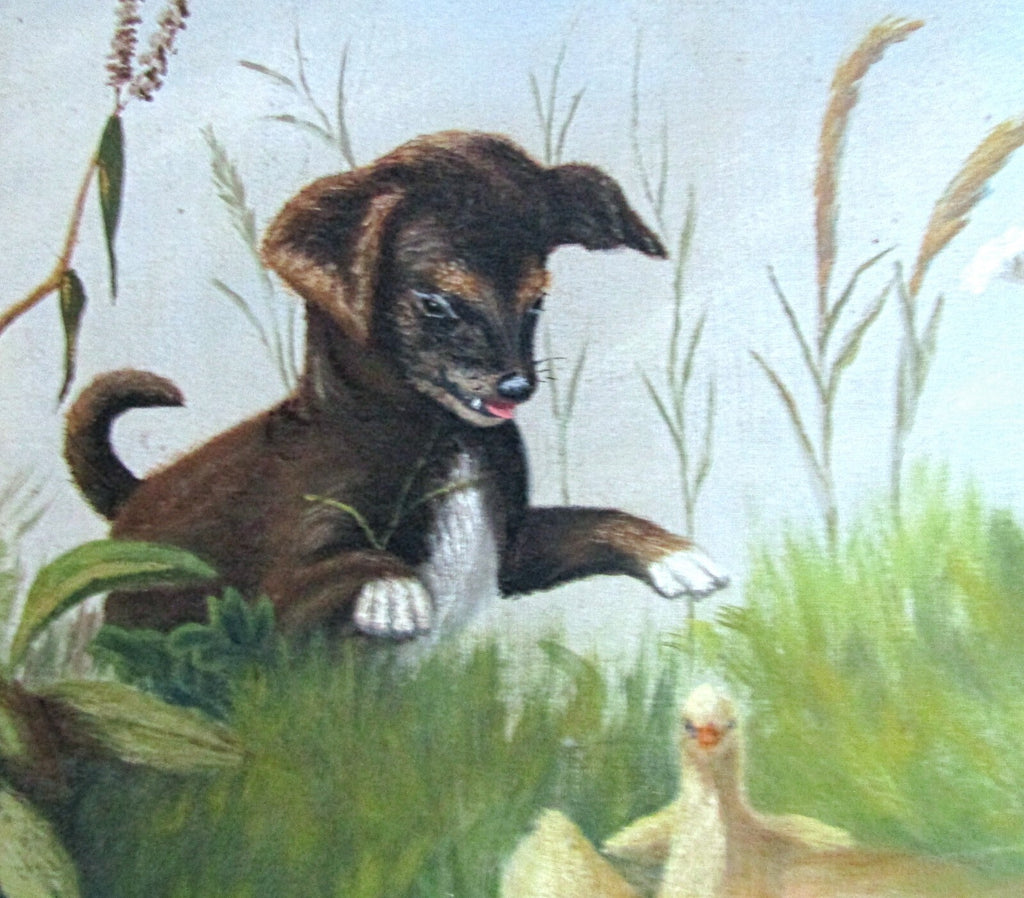 Painting of Puppy Playing with Ducks Oil on Canvas Early Painting Signed JA