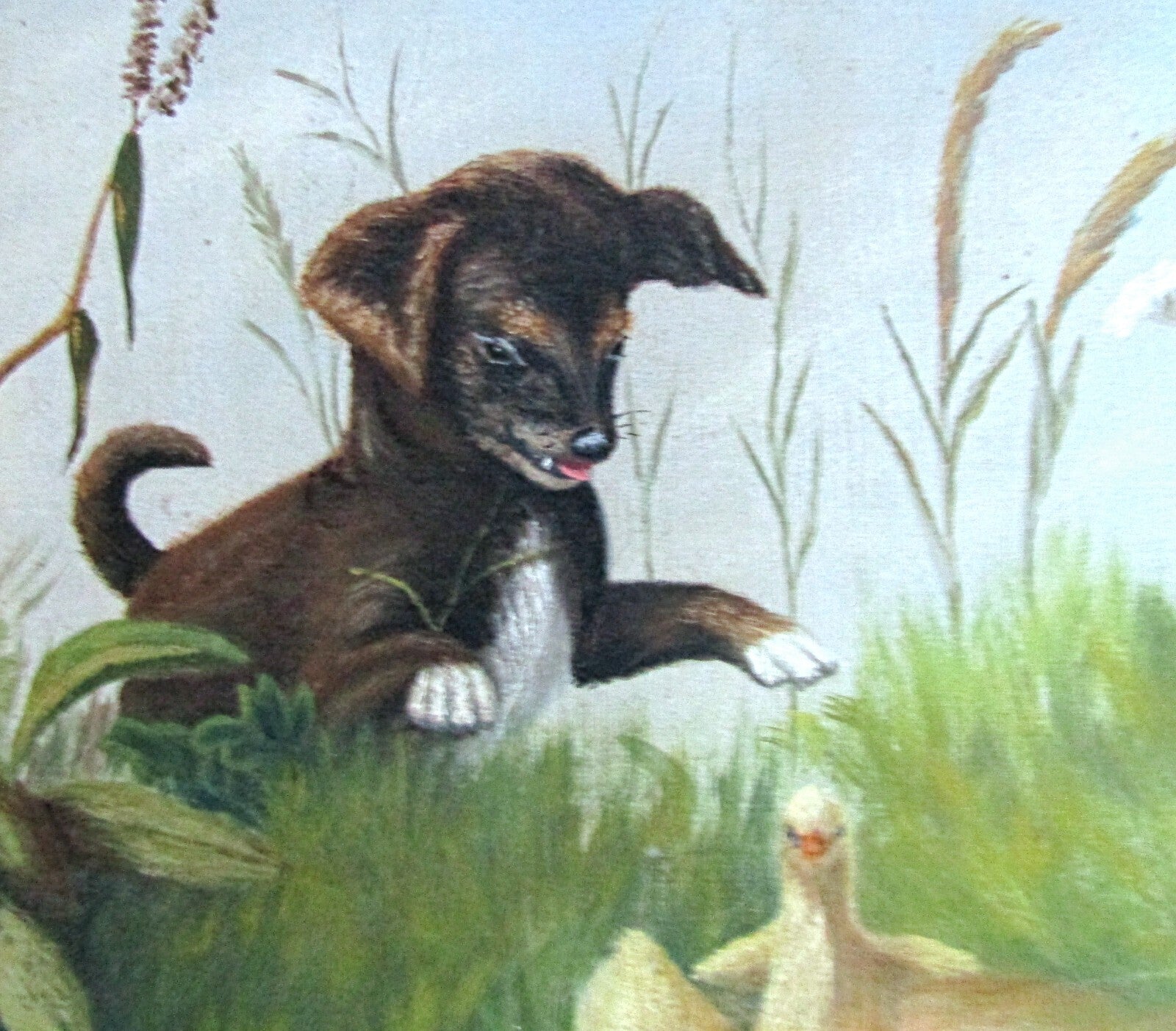Painting of Puppy Playing with Ducks Oil on Canvas Early Painting Signed JA