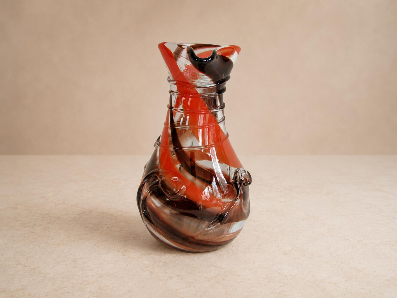 Harry Boyer 1978 Signed Studio Art Glass Pitcher Orange Brown Hand Blown 7 1/8"