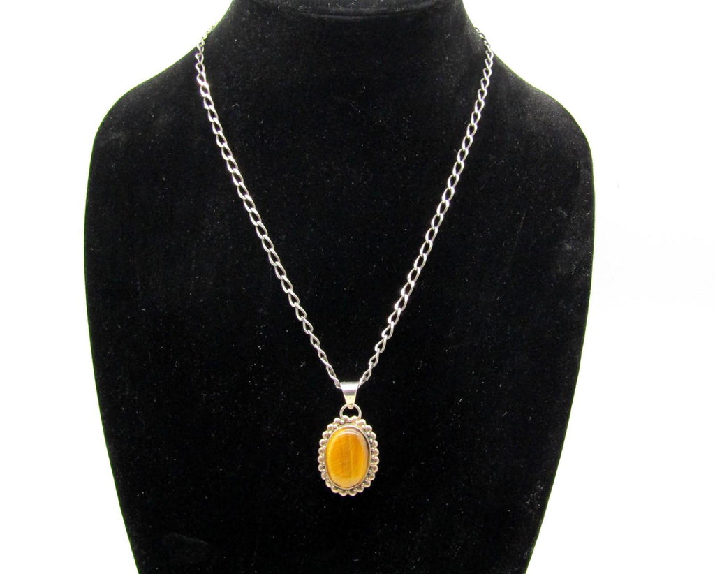 Vintage Native American Style Tiger's Eye Pendant Necklace Sterling Silver