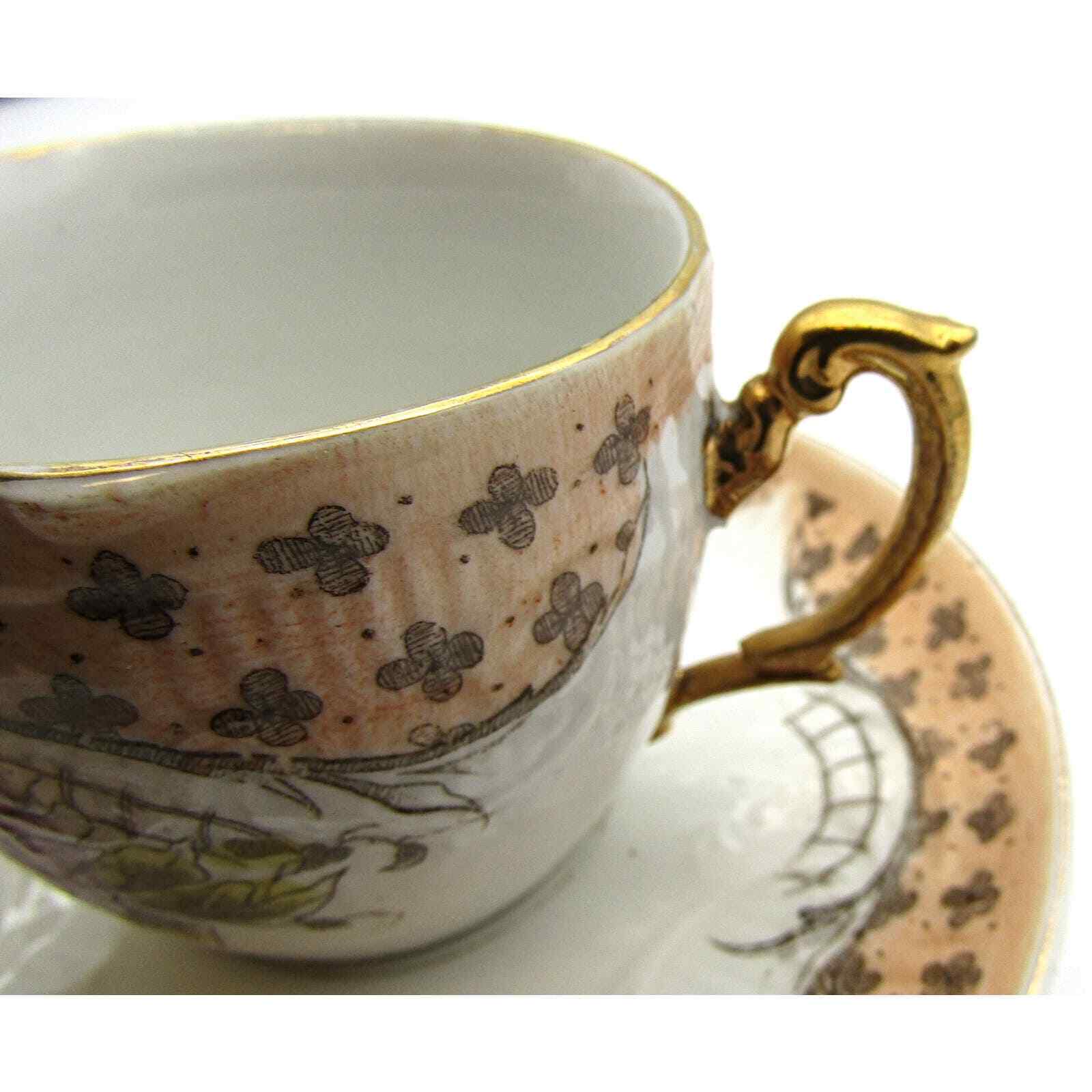 Ornate Demitasse Cup  Hand Painted Floral Design Gold Handle
