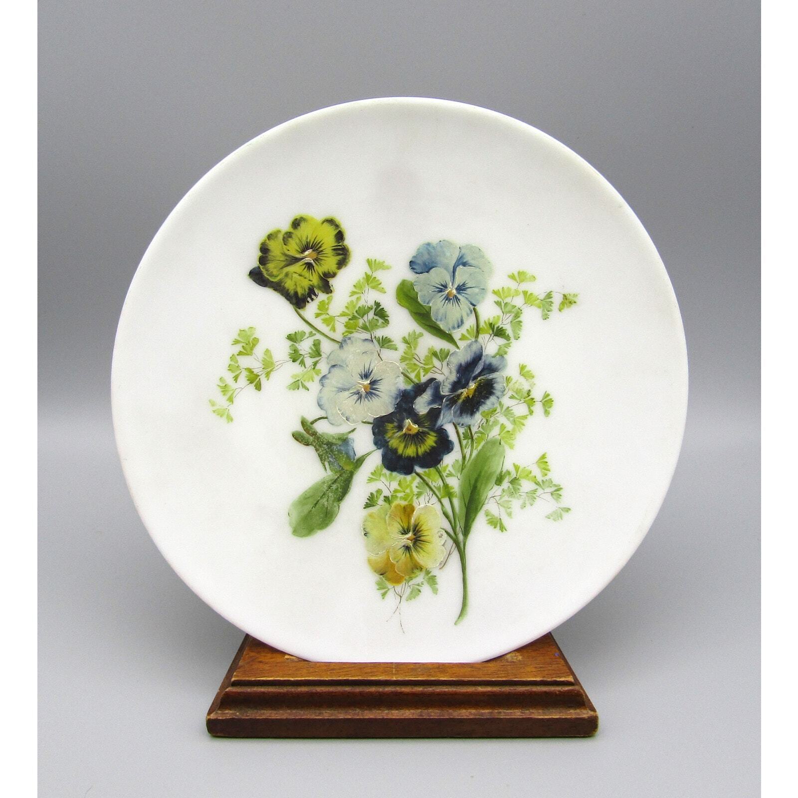 Antique Satin Glass Plate Floral Design Hand Painted Pontil Mark