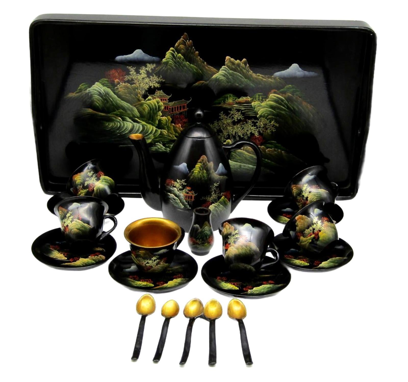 Vintage Chinoiserie Chinese Hand-Painted Tea Set with Tray and Spoons