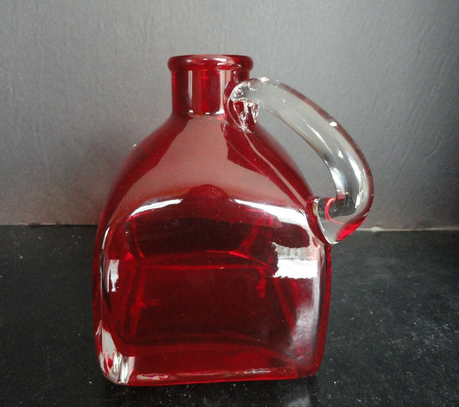 Bright Red Vase with Clear Applied Handle, Jug Vase, Bottle Vase