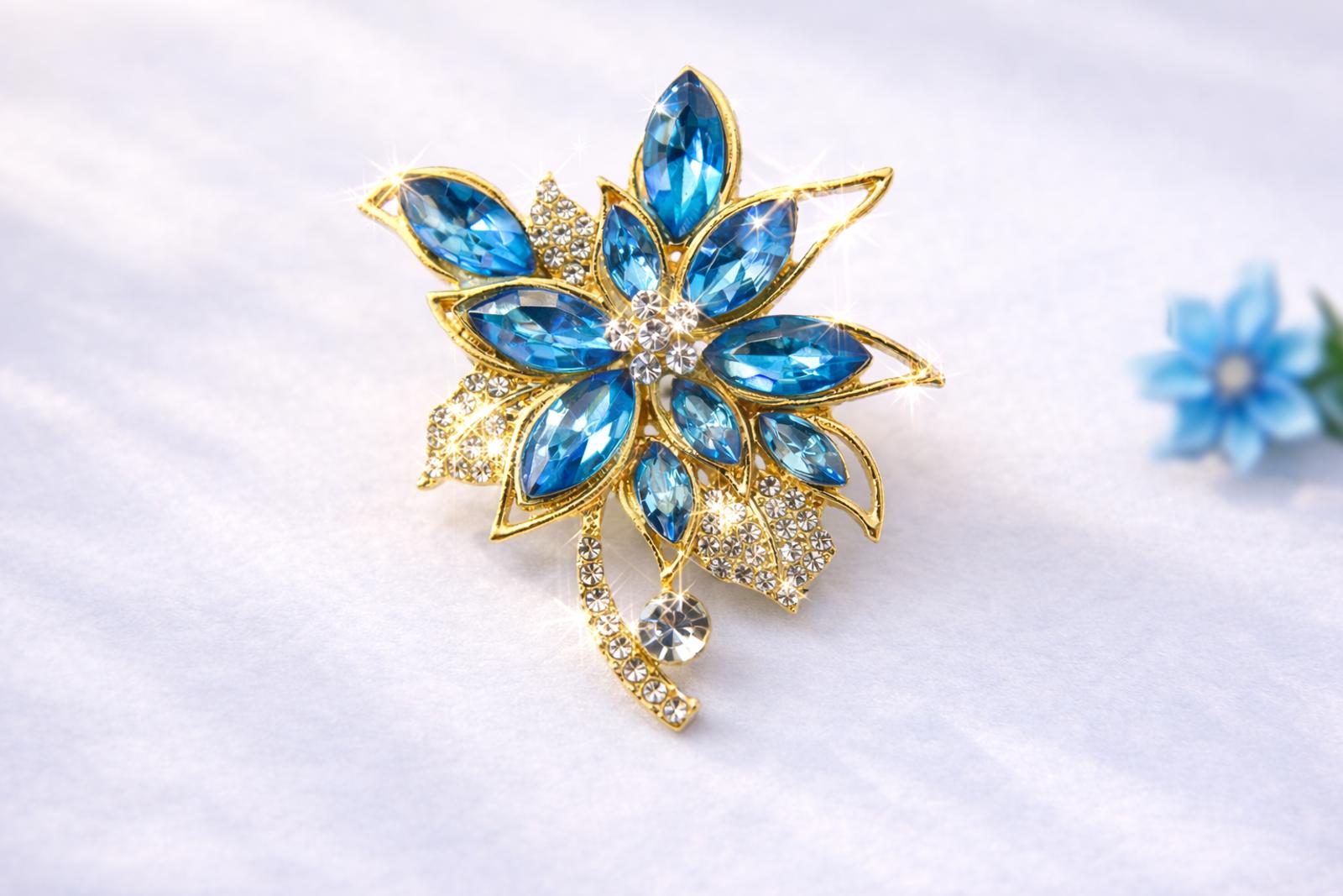 Blue Rhinestone Flower Brooch Gold Tone w/ Clear Rhinestone Accent Pin FREE SHIP