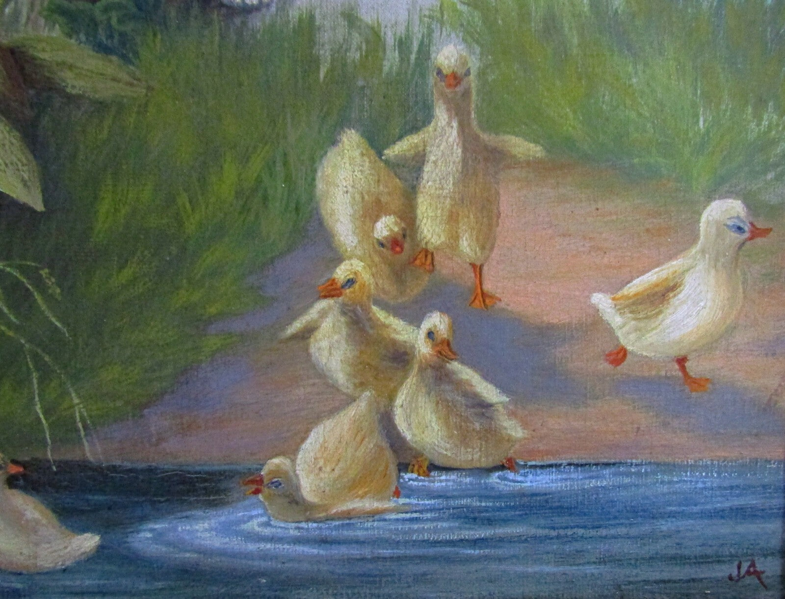 Painting of Puppy Playing with Ducks Oil on Canvas Early Painting Signed JA