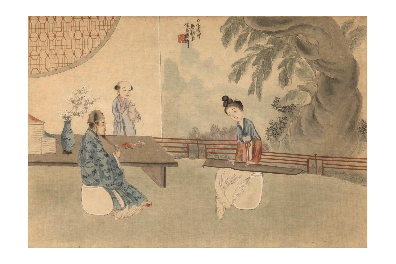 Antique Chinese Silk Painting Scholar Scene Framed w Calligraphy Seal