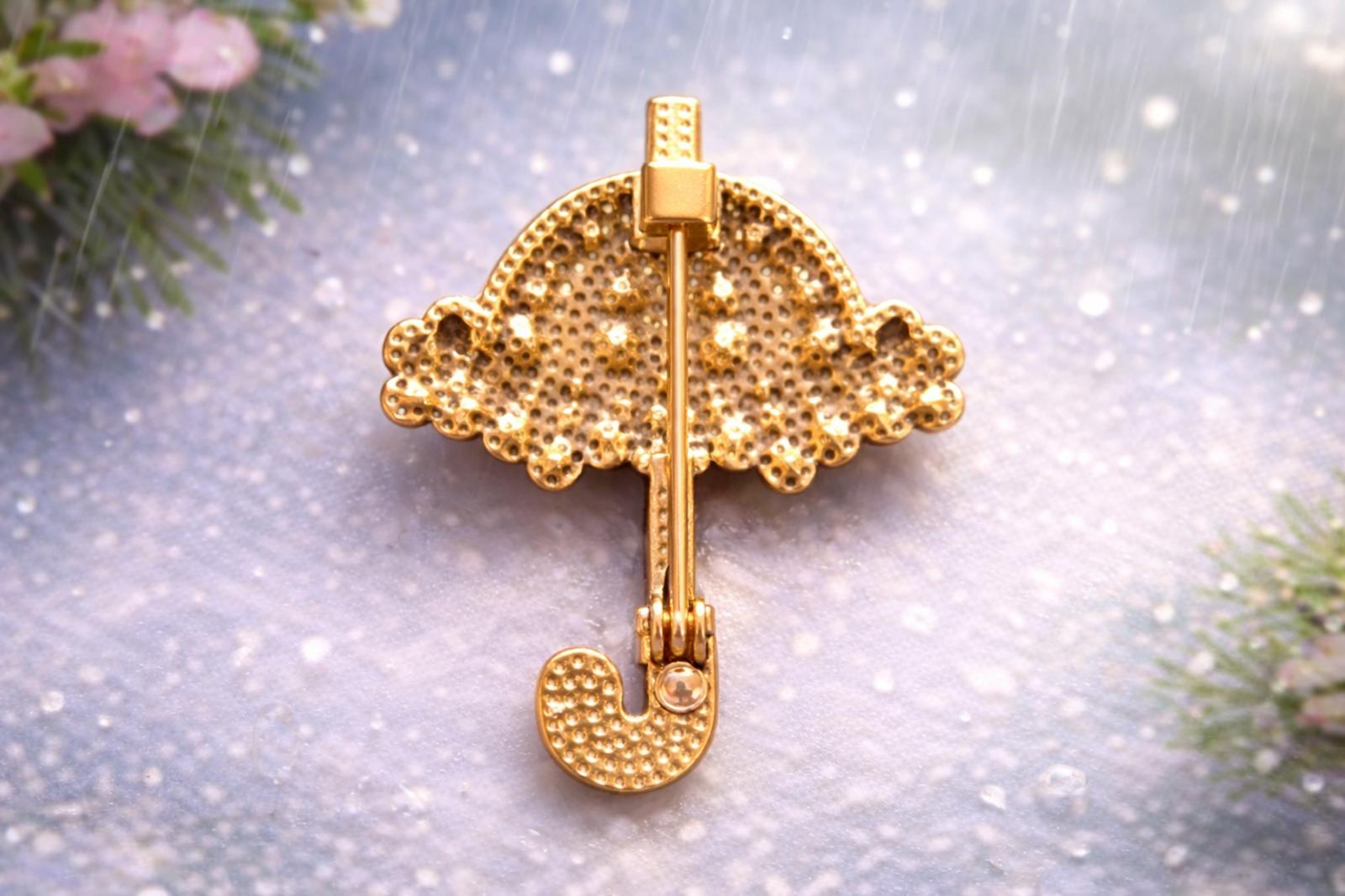 Vintage Umbrella Brooch Rhinestone Gold Tone Multicolor Flower Pin