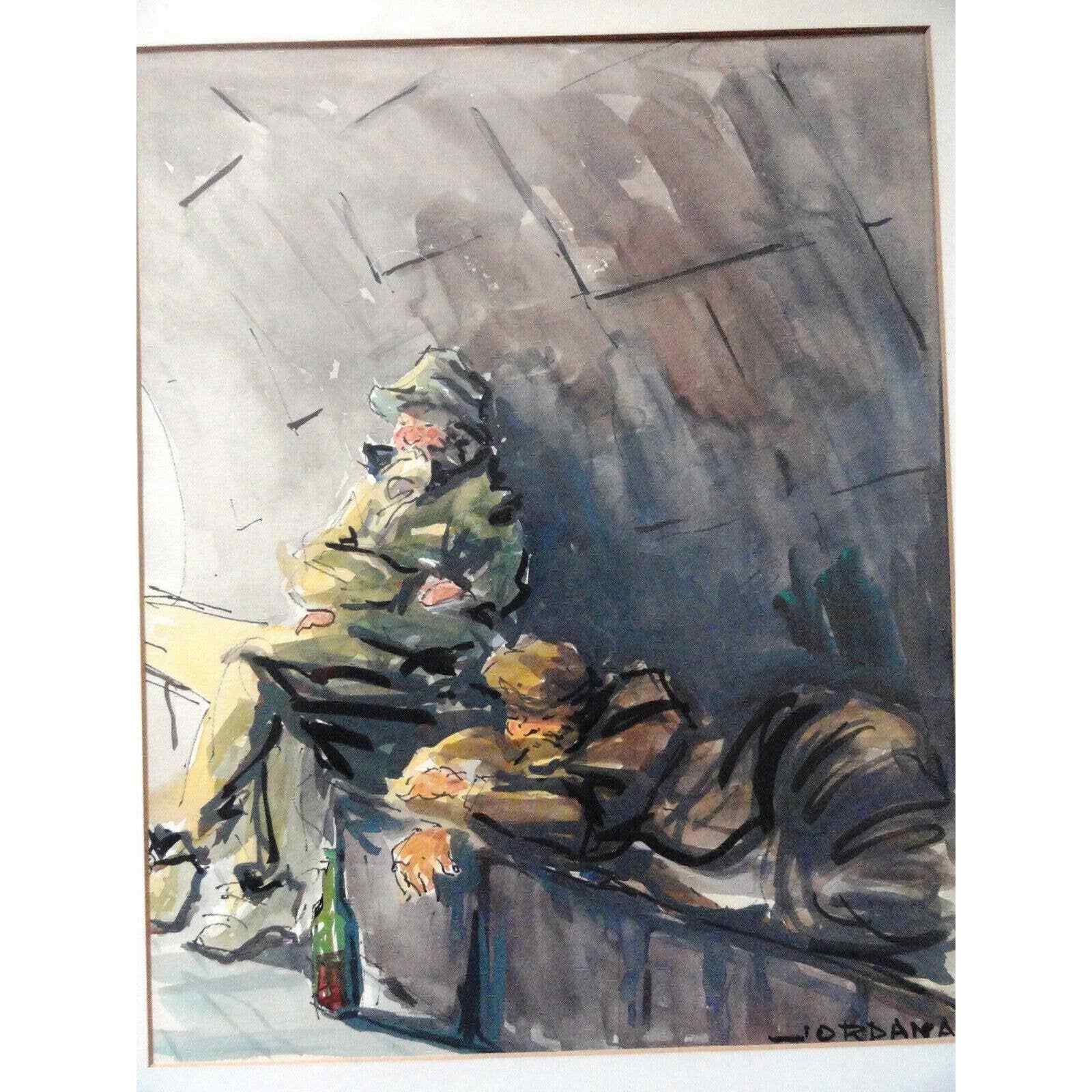 Jose Jordana Abstract Watercolor of Fishermen Signed Listed Artist