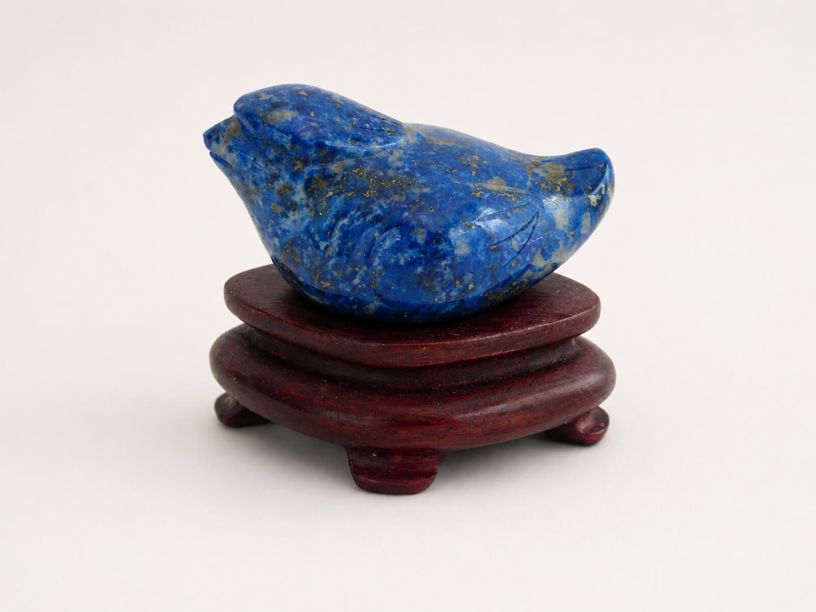Lapis Lazuli Bird Carving on Wood Stand Blue Lapis Figurine 1.75" Vintage