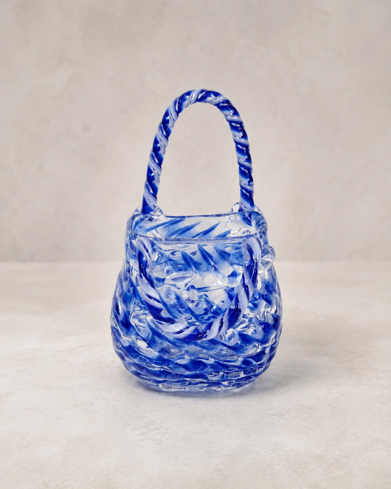 Vintage Murano Style Blue White Swirl Glass Purse Vase Handbag 9" Perfect