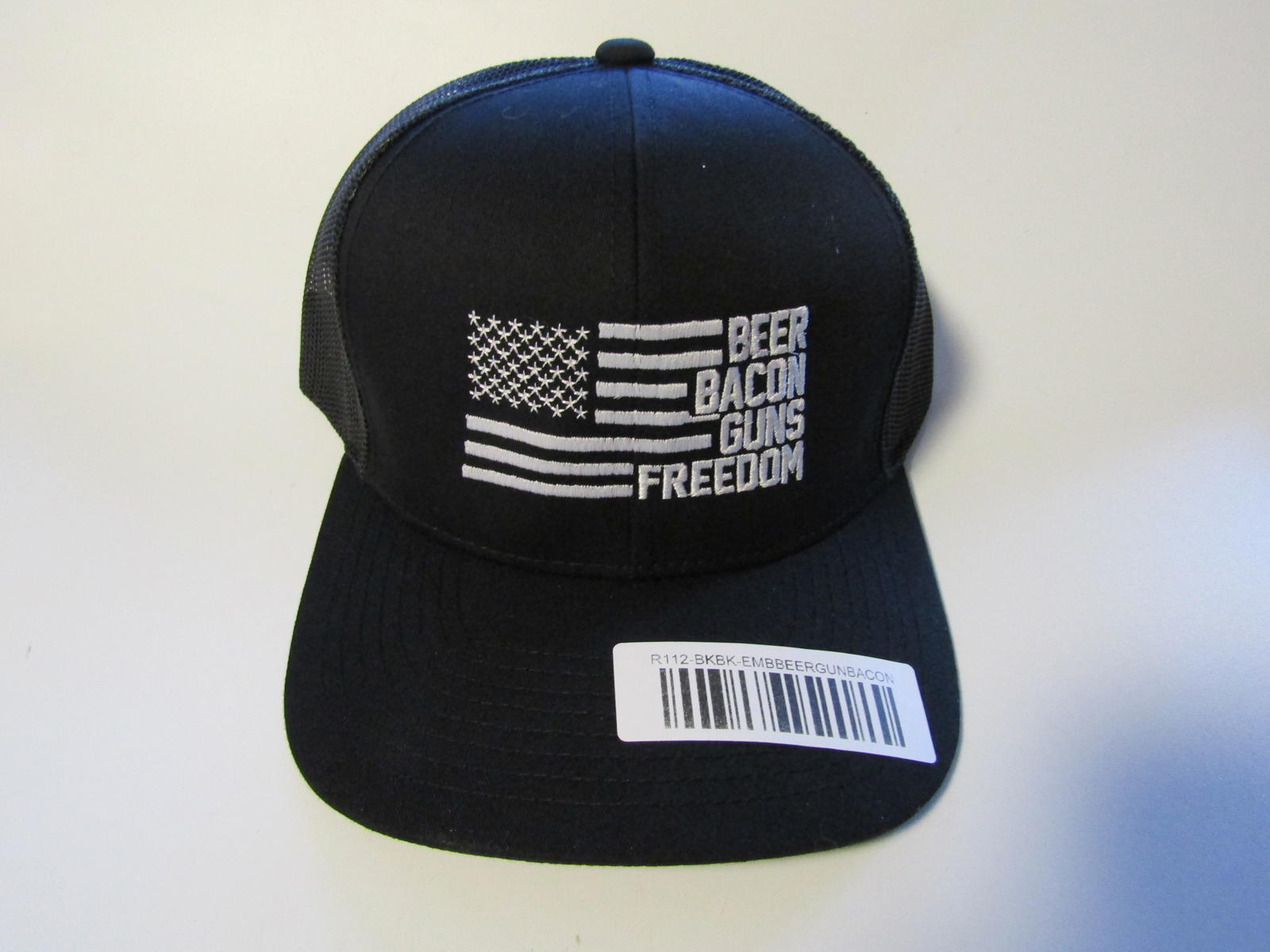 Black Mesh Back Baseball Cap Patriotic Embroidery Beer, Bacon, Guns, Freedom NEW