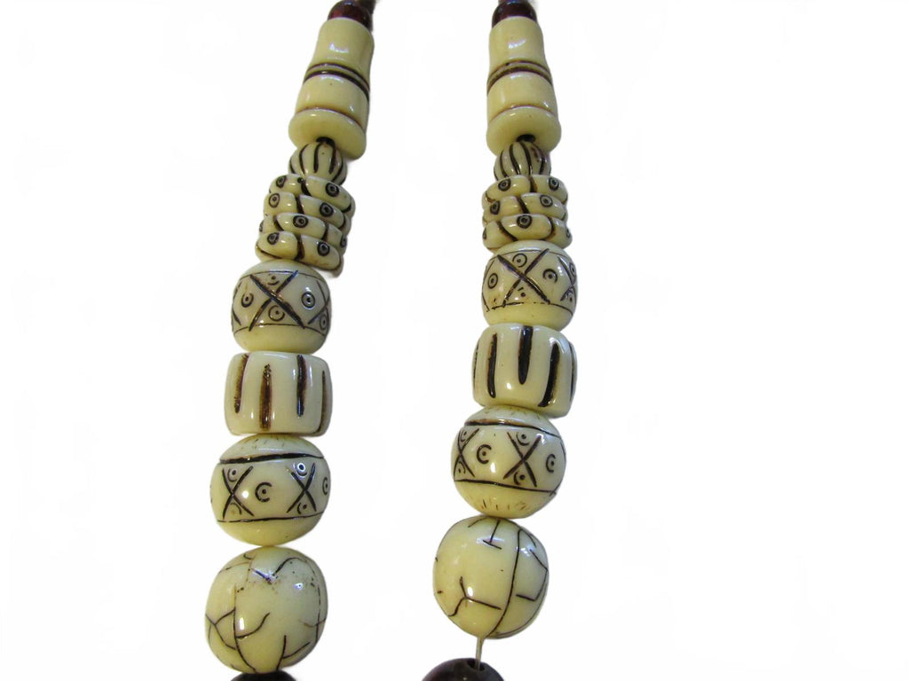 Unique Tribal Beaded Necklace w/ Intricate Pendant Carved Bone Tiger eye Beads