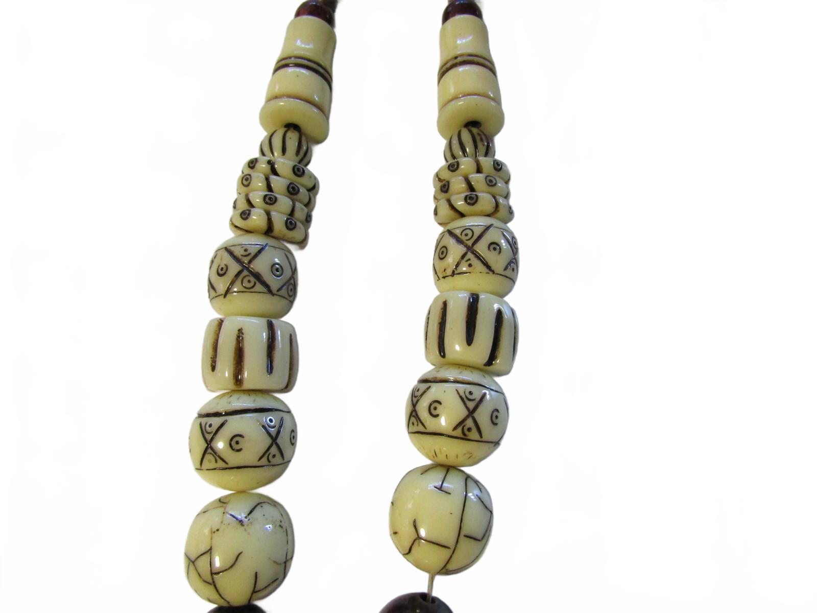 Unique Tribal Beaded Necklace w/ Intricate Pendant Carved Bone Tiger eye Beads