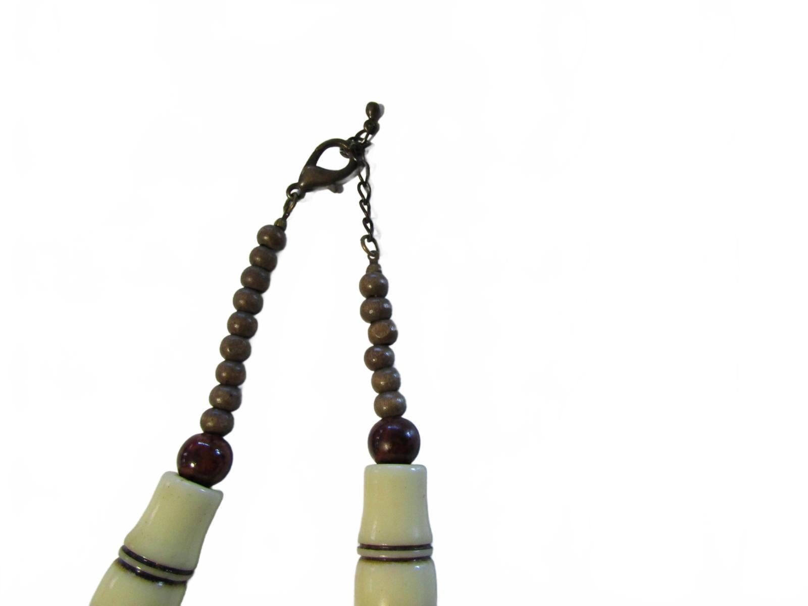 Unique Tribal Beaded Necklace w/ Intricate Pendant Carved Bone Tiger eye Beads