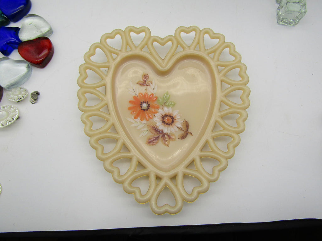 Westmorland Almond Milk Glass Heart Shaped Lace Edged Plate Hand Painted