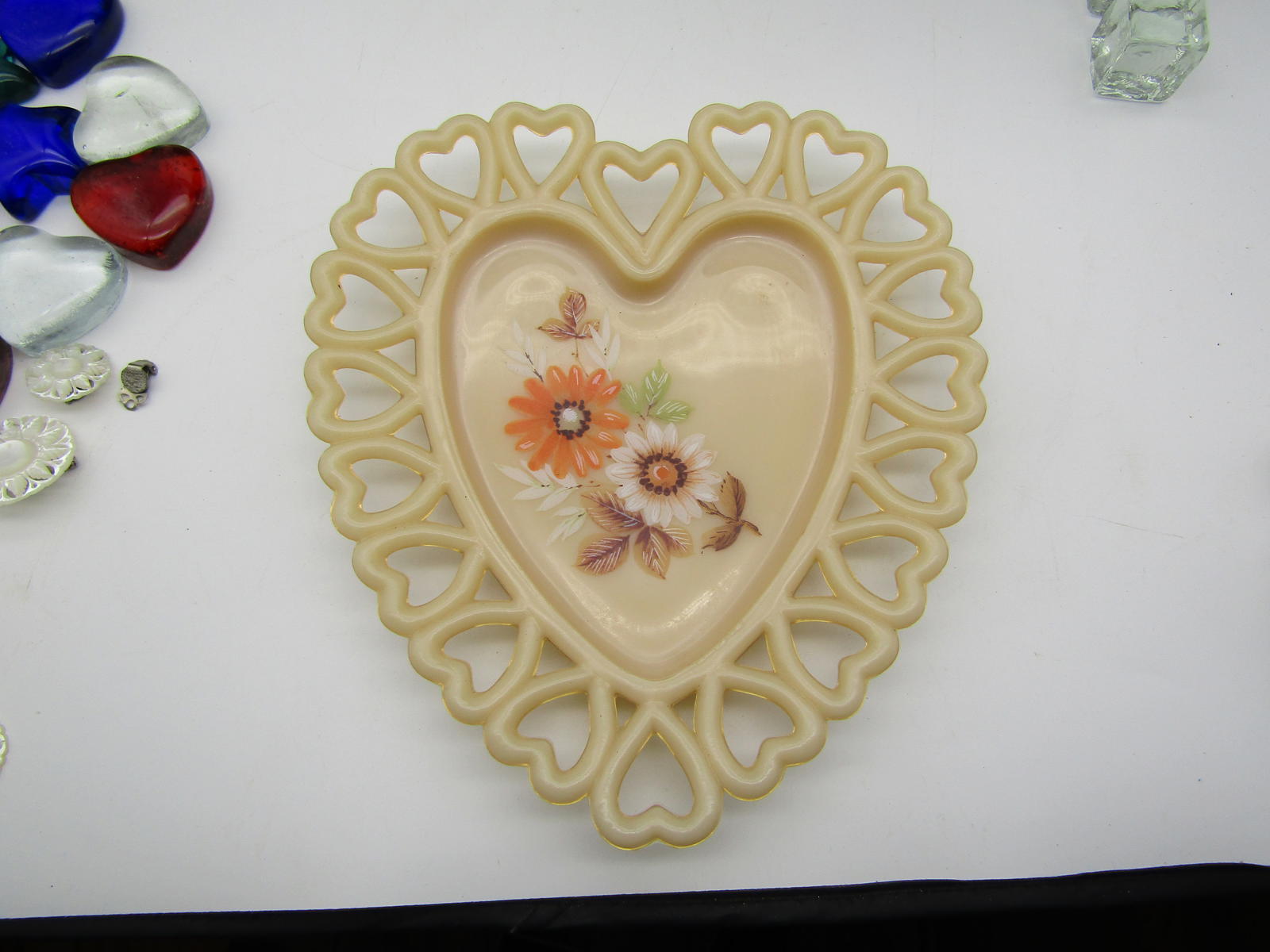 Westmorland Almond Milk Glass Heart Shaped Lace Edged Plate Hand Painted