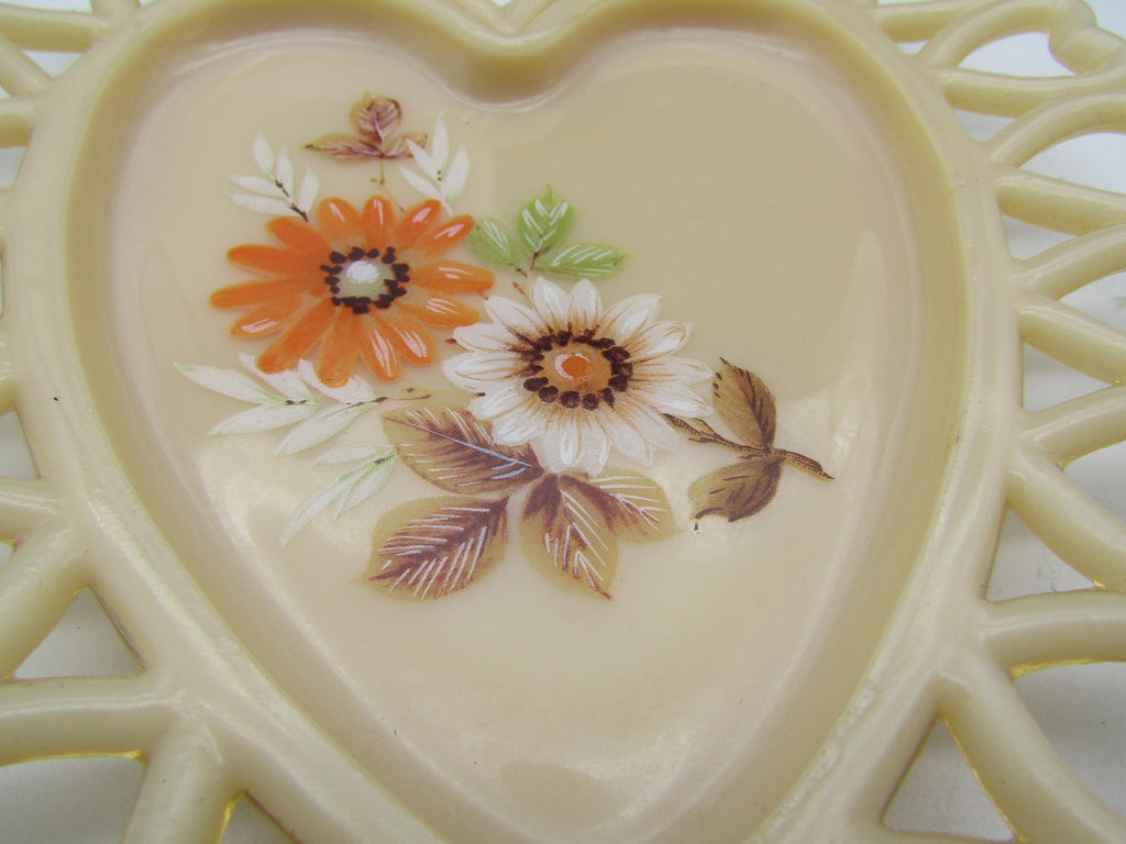 Westmorland Almond Milk Glass Heart Shaped Lace Edged Plate Hand Painted
