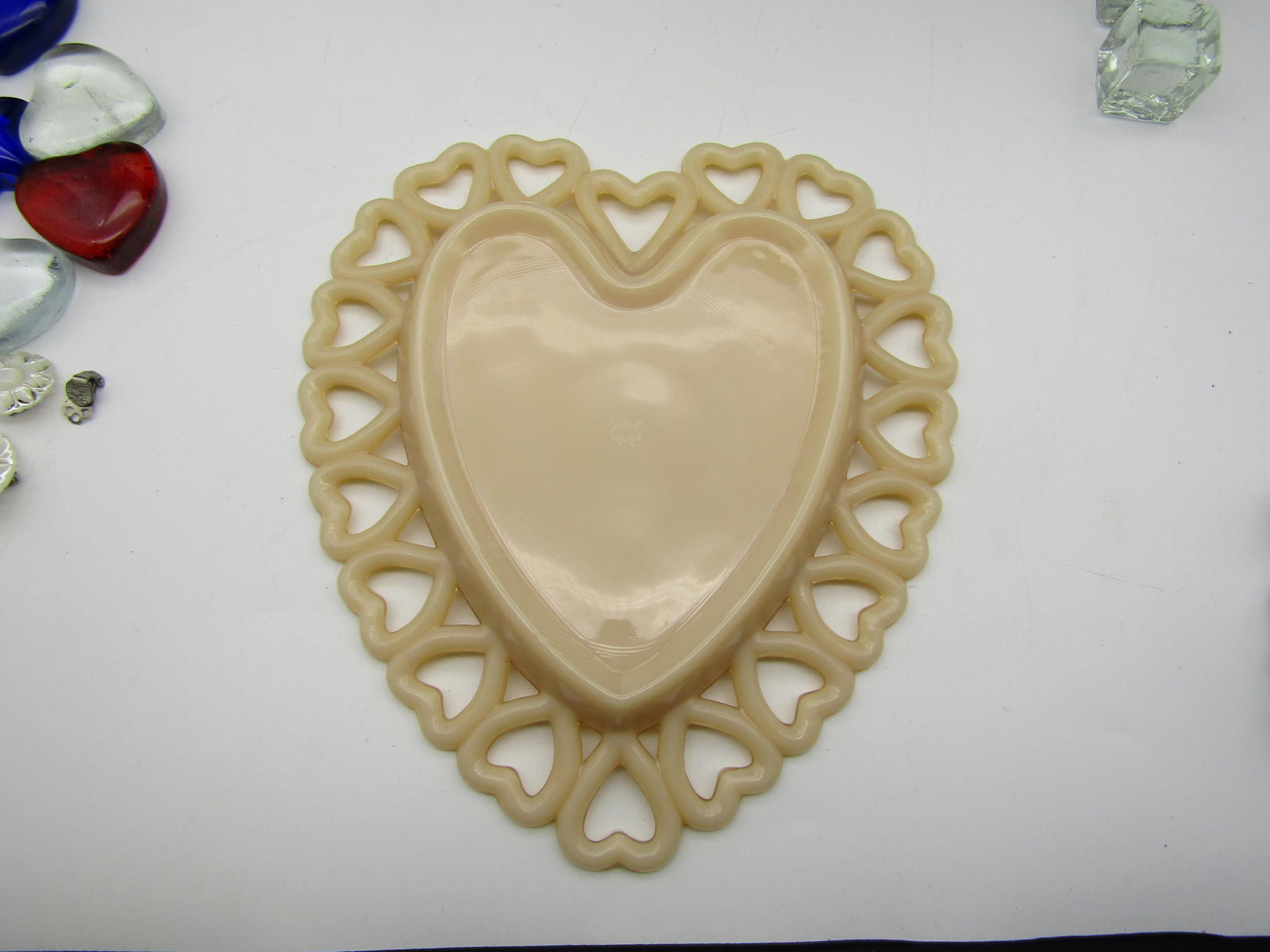 Westmorland Almond Milk Glass Heart Shaped Lace Edged Plate Hand Painted