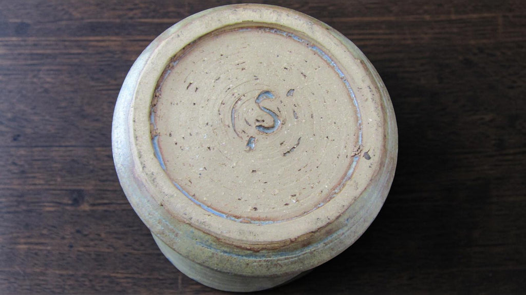 Handmade Studio Art Pottery Planter Rustic Sage Green Tan Signed 4 7/8" Wide